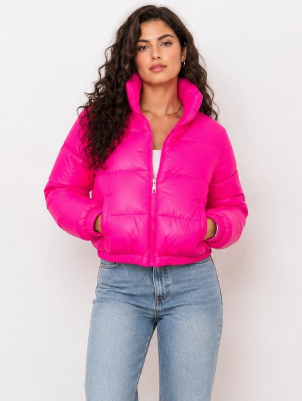 ZIAI Hot Pink Cropped Puffer Jacket Glossy Bubble Coat Y2K NWOT